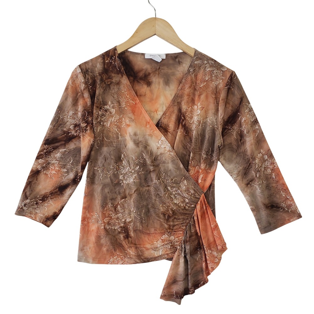 Vintage Y2K Dressbarn Petite Tie Dye Floral‎ Faux Wrap Top PM 3/4 Sleeve Shimmer